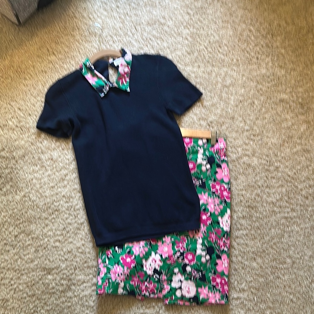 Navy Blue Shirt with Floral Collar and Matching Skirt